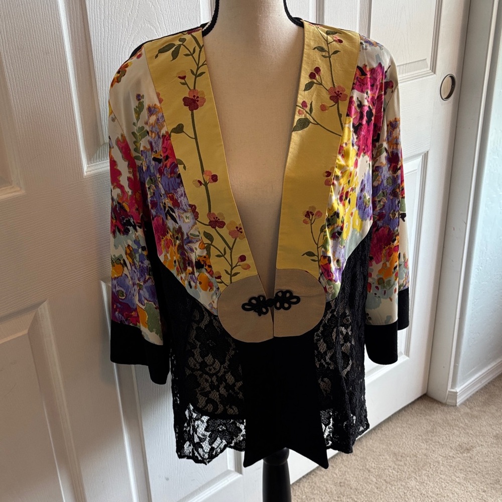 Violet Kay Multicolor Floral Lace Silk Kimono Topper Cardigan Jacket - Vintage